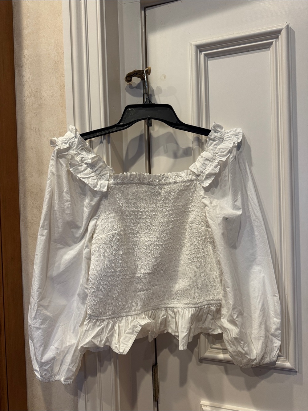 Women’s White Smocked Ruffle Peasant Blouse